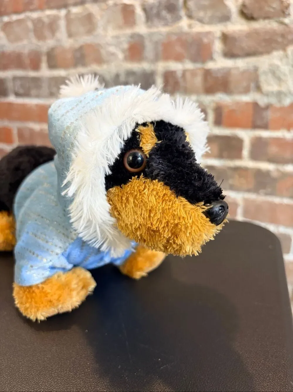 Dachshund Dog Black/Brown Blue Fur-Lined Hood 12” Plushie Aurora